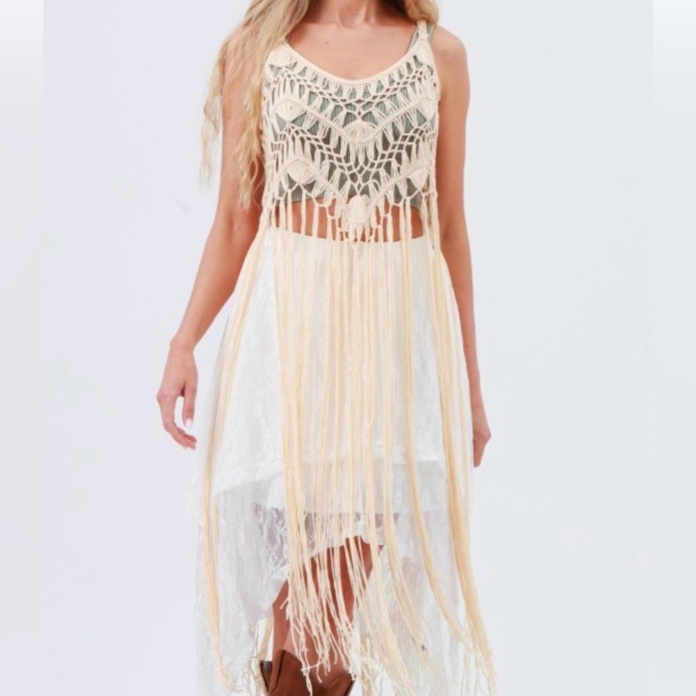 Boho Macrame Fringe Top One Size Festival Cover Up Acrylic